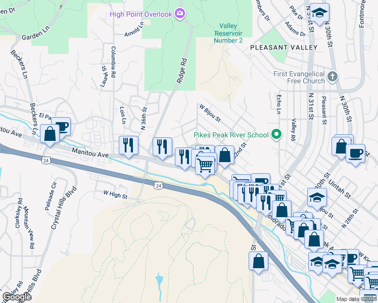map of restaurants, bars, coffee shops, grocery stores, and more near 3342 West Pikes Peak Avenue in Colorado Springs