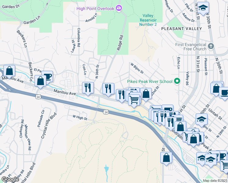 map of restaurants, bars, coffee shops, grocery stores, and more near 3421 West Kiowa Street in Colorado Springs