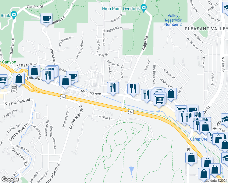 map of restaurants, bars, coffee shops, grocery stores, and more near 3610 West Pikes Peak Avenue in Colorado Springs