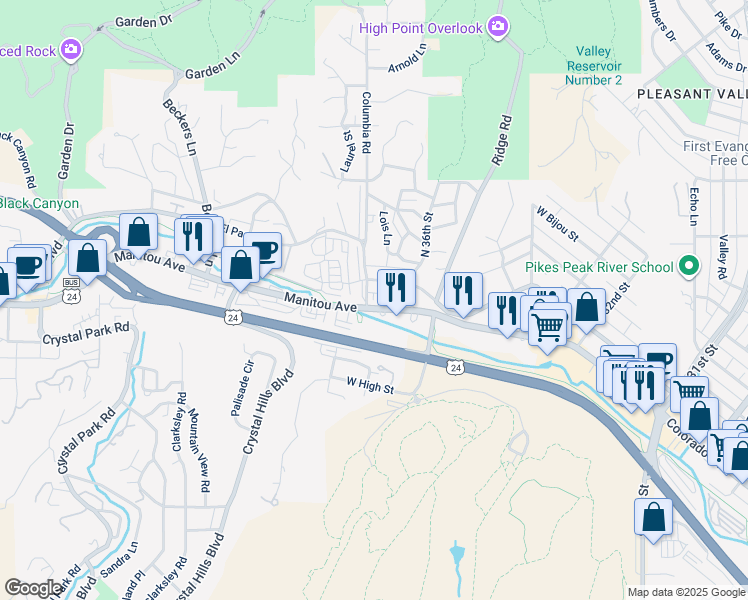 map of restaurants, bars, coffee shops, grocery stores, and more near 3629 West Pikes Peak Avenue in Colorado Springs