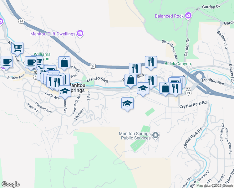 map of restaurants, bars, coffee shops, grocery stores, and more near 440 Manitou Avenue in Manitou Springs