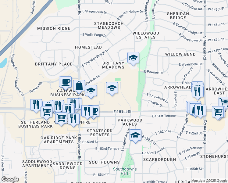 map of restaurants, bars, coffee shops, grocery stores, and more near Access Road in Olathe