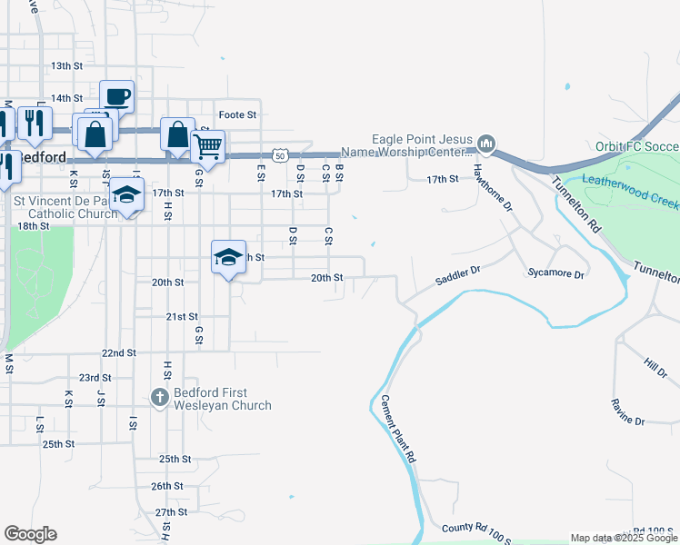map of restaurants, bars, coffee shops, grocery stores, and more near 219-299 19th Street in Bedford