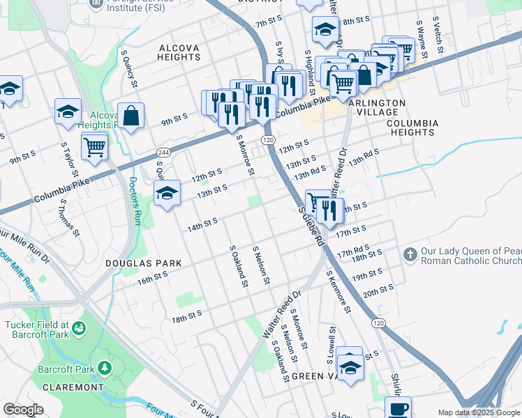 map of restaurants, bars, coffee shops, grocery stores, and more near 3600 14th Street South in Arlington