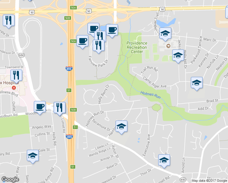 map of restaurants, bars, coffee shops, grocery stores, and more near 7803 Freehollow Drive in Falls Church