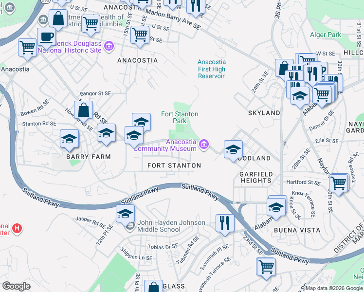 map of restaurants, bars, coffee shops, grocery stores, and more near 2412 18th Street Southeast in Washington