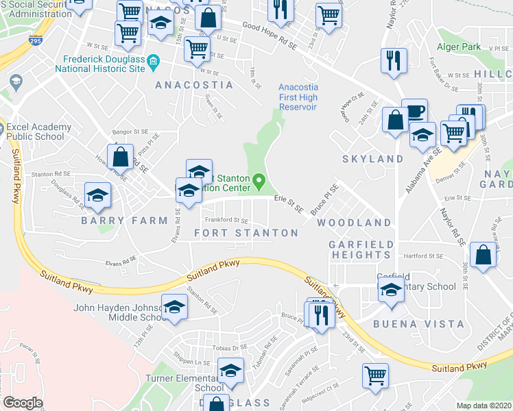map of restaurants, bars, coffee shops, grocery stores, and more near 2412 18th Street Southeast in Washington