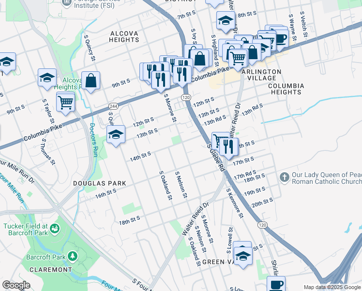 map of restaurants, bars, coffee shops, grocery stores, and more near 3600 14th Street South in Arlington