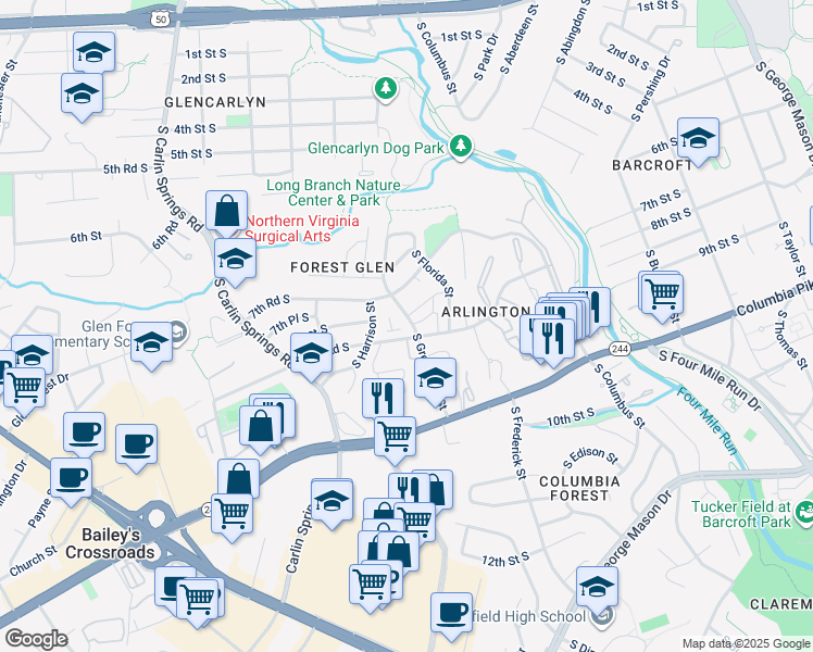 map of restaurants, bars, coffee shops, grocery stores, and more near 818 South Greenbrier Street in Arlington
