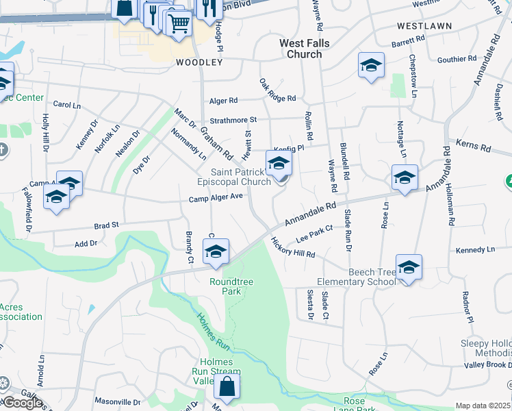 map of restaurants, bars, coffee shops, grocery stores, and more near 3305 Graham Road in Falls Church