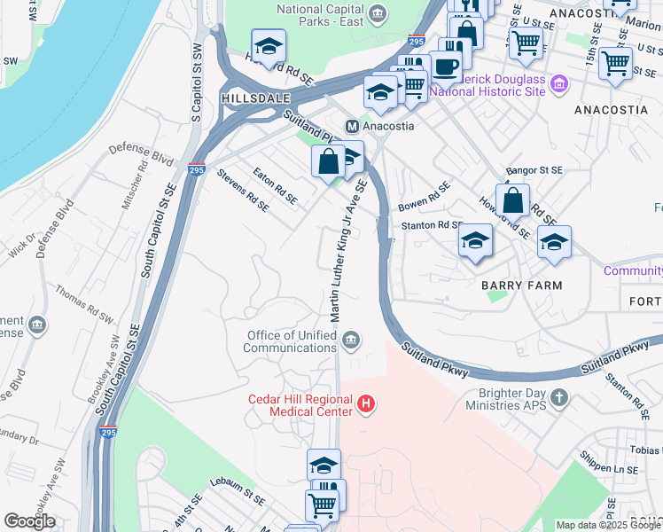 map of restaurants, bars, coffee shops, grocery stores, and more near 2935 Pomeroy Road Southeast in Washington
