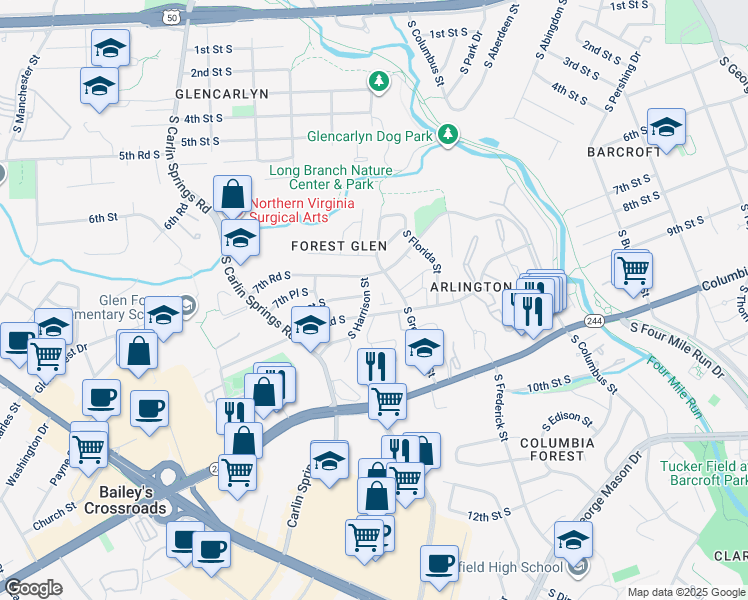 map of restaurants, bars, coffee shops, grocery stores, and more near 801 South Harrison Street in Arlington