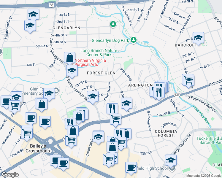 map of restaurants, bars, coffee shops, grocery stores, and more near 801 South Harrison Street in Arlington