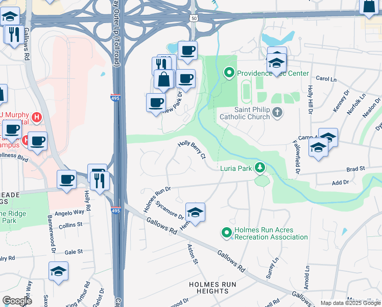map of restaurants, bars, coffee shops, grocery stores, and more near 7803 Freehollow Drive in Falls Church