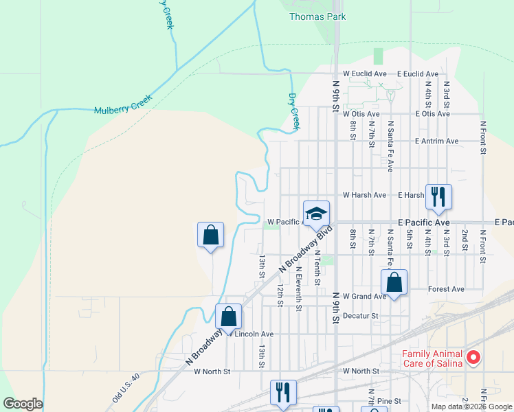 map of restaurants, bars, coffee shops, grocery stores, and more near 917 13th Street in Salina