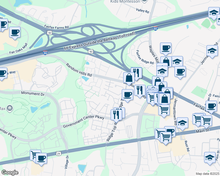 map of restaurants, bars, coffee shops, grocery stores, and more near 4111 Fountainside Lane in Fairfax