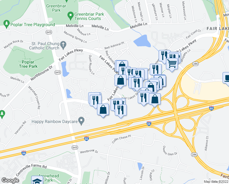 map of restaurants, bars, coffee shops, grocery stores, and more near Fair Lakes Boulevard & Sedgehurst Drive in Chantilly