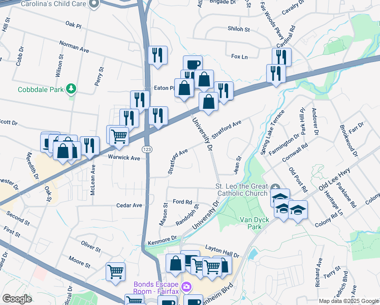 map of restaurants, bars, coffee shops, grocery stores, and more near 3572 Sharpes Meadow Lane in Fairfax