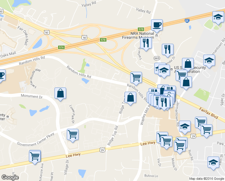 map of restaurants, bars, coffee shops, grocery stores, and more near 4105 Fountainside Lane in Fairfax
