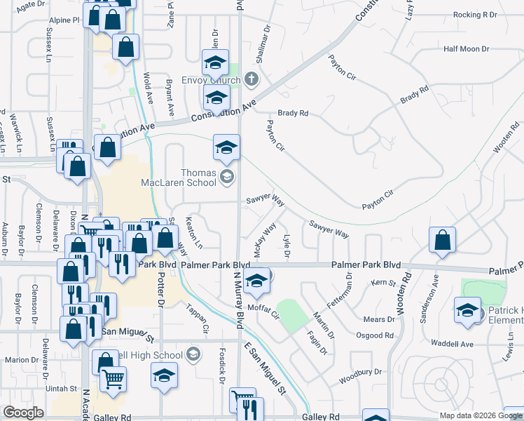map of restaurants, bars, coffee shops, grocery stores, and more near 1625 North Murray Boulevard in Colorado Springs