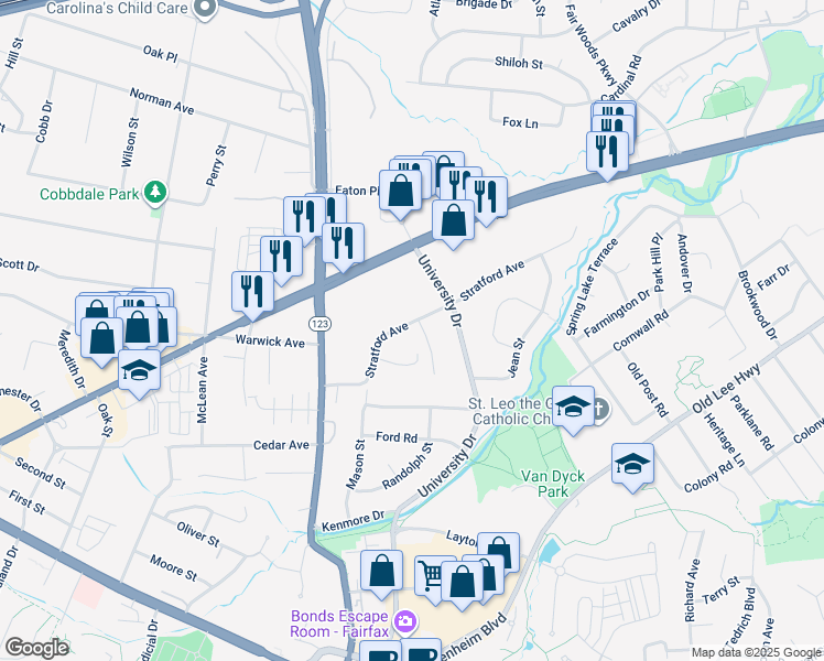 map of restaurants, bars, coffee shops, grocery stores, and more near 3572 Sharpes Meadow Lane in Fairfax