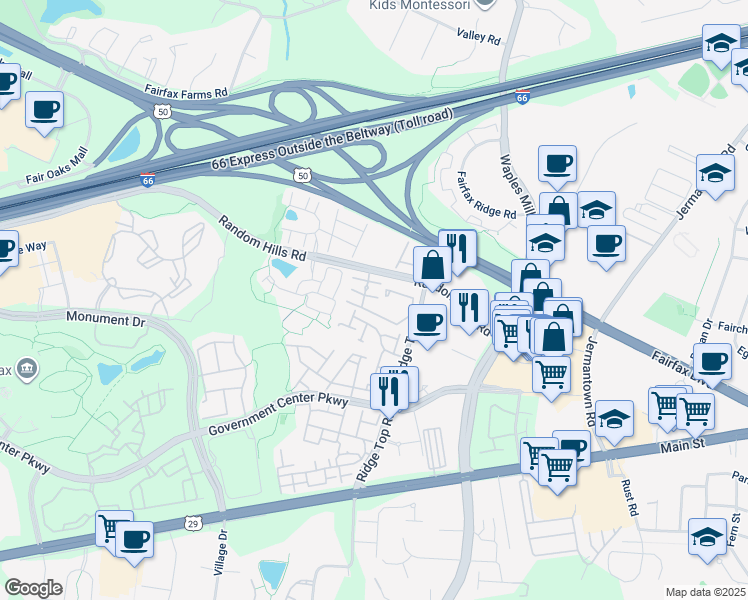 map of restaurants, bars, coffee shops, grocery stores, and more near 4105 Fountainside Lane in Fairfax