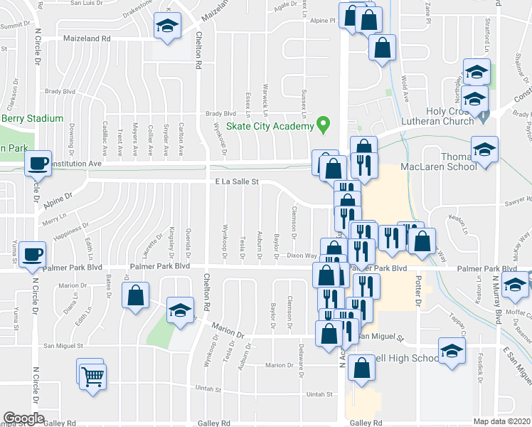 map of restaurants, bars, coffee shops, grocery stores, and more near 1703 Auburn Drive in Colorado Springs