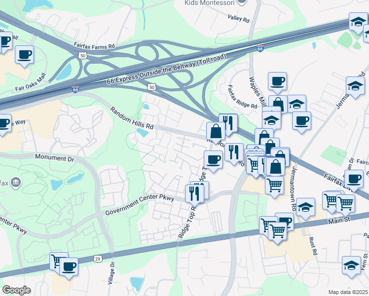 map of restaurants, bars, coffee shops, grocery stores, and more near 4111 Fountainside Lane in Fairfax