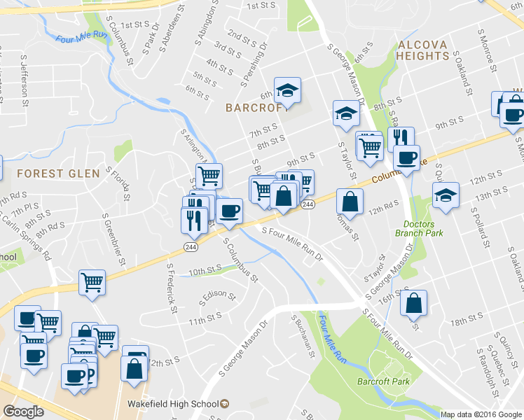 map of restaurants, bars, coffee shops, grocery stores, and more near 4815 Columbia Pike in Arlington