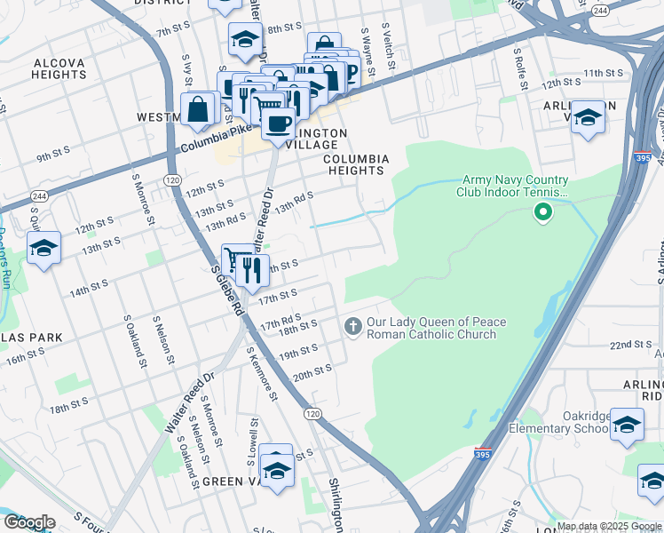 map of restaurants, bars, coffee shops, grocery stores, and more near 2600 16th Street South in Arlington