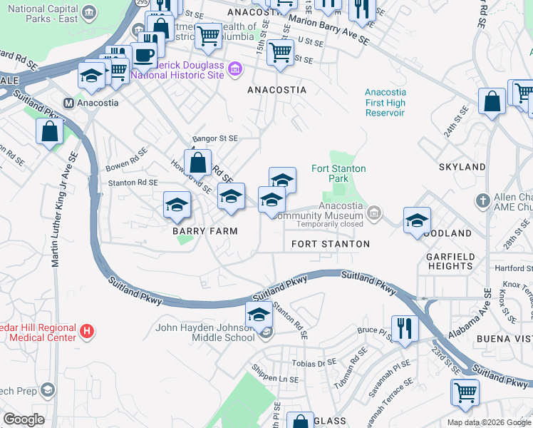 map of restaurants, bars, coffee shops, grocery stores, and more near 2330 Pomeroy Road Southeast in Washington