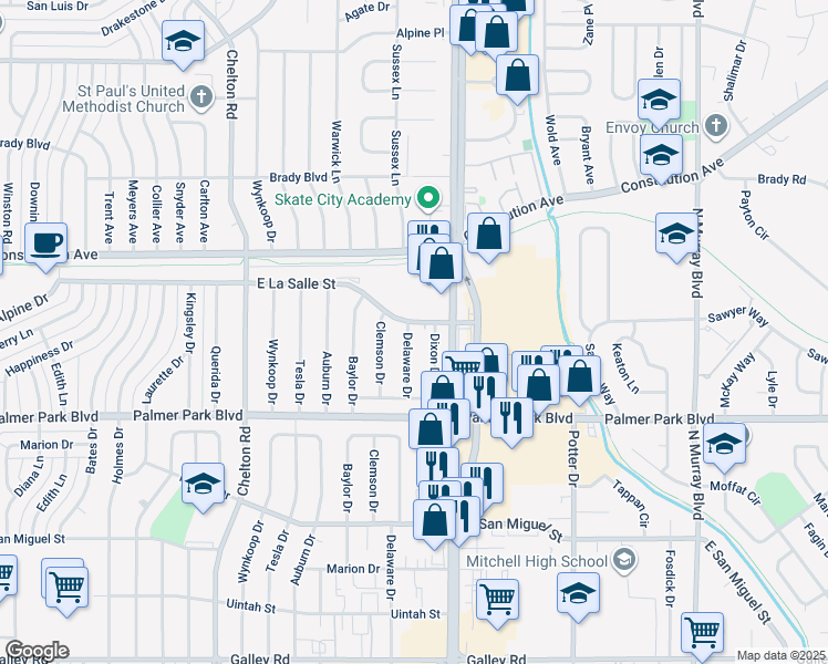 map of restaurants, bars, coffee shops, grocery stores, and more near 3754 East La Salle Street in Colorado Springs