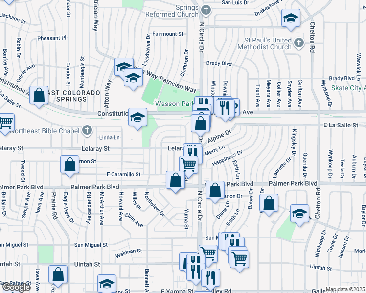map of restaurants, bars, coffee shops, grocery stores, and more near 1833 Grant Avenue in Colorado Springs