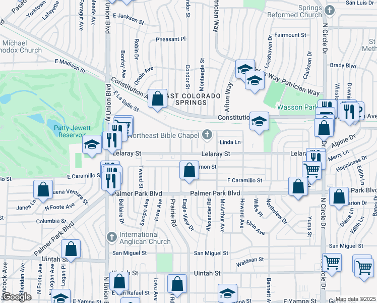 map of restaurants, bars, coffee shops, grocery stores, and more near 1713 Monteagle Street in Colorado Springs
