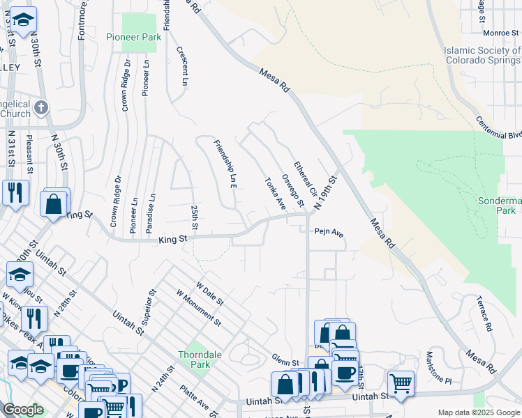 map of restaurants, bars, coffee shops, grocery stores, and more near 1261-1263 Friendship Lane West in Colorado Springs