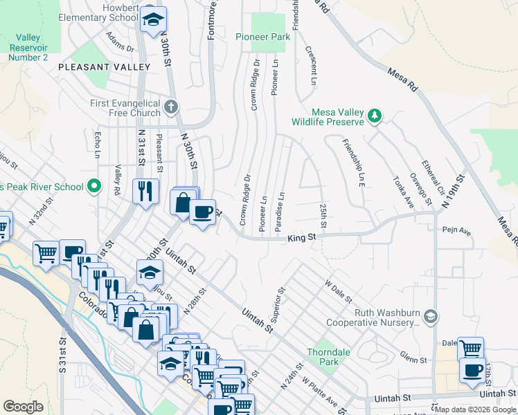 map of restaurants, bars, coffee shops, grocery stores, and more near 634 Pioneer Lane in Colorado Springs