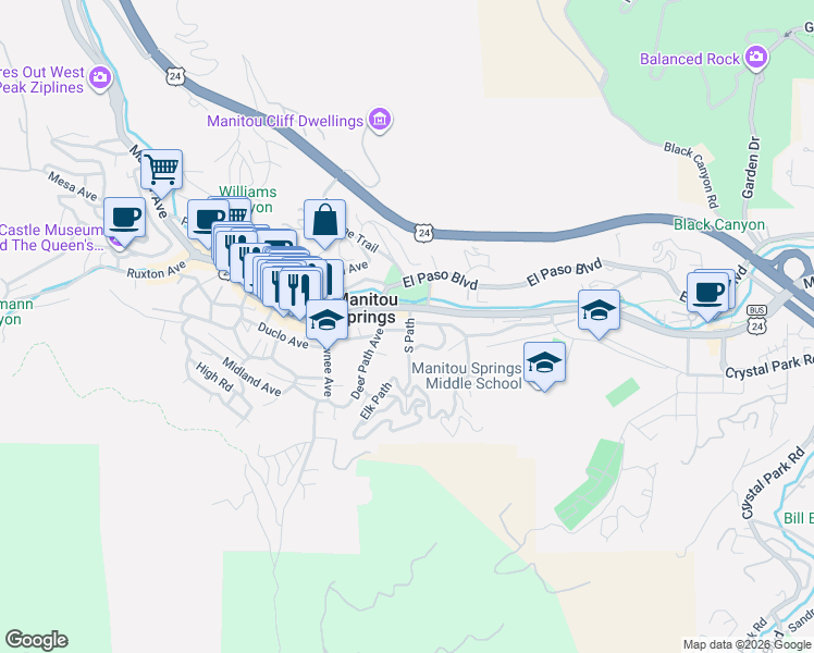 map of restaurants, bars, coffee shops, grocery stores, and more near 513 Manitou Avenue in Manitou Springs
