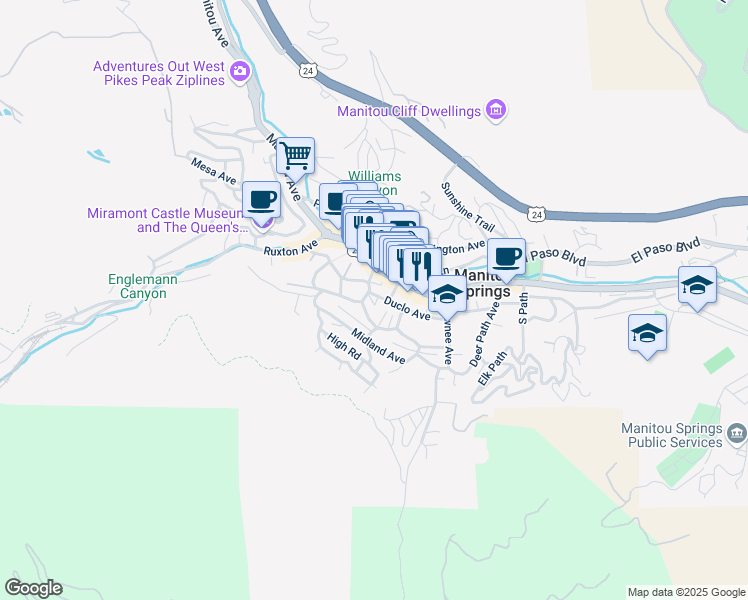 map of restaurants, bars, coffee shops, grocery stores, and more near 9 Navajo Avenue in Manitou Springs
