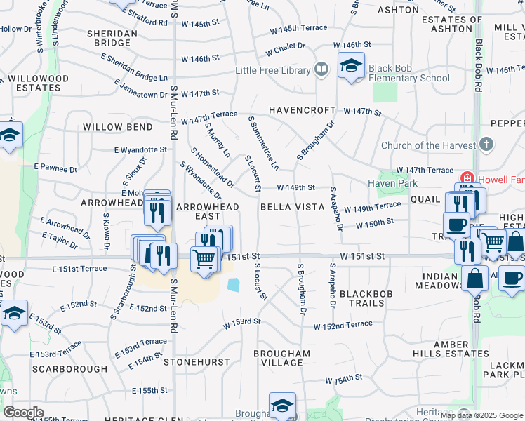 map of restaurants, bars, coffee shops, grocery stores, and more near 14908 South Locust Street in Olathe