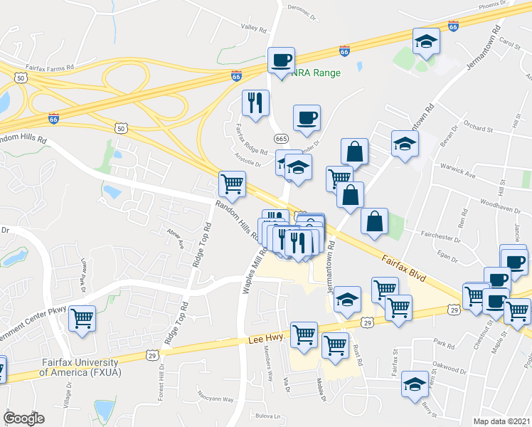 map of restaurants, bars, coffee shops, grocery stores, and more near 11399 Lee Jackson Memorial Highway in Fairfax