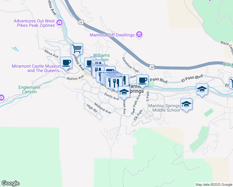 map of restaurants, bars, coffee shops, grocery stores, and more near 717 Manitou Avenue in Manitou Springs