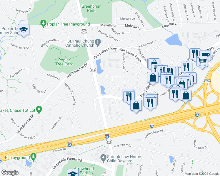 map of restaurants, bars, coffee shops, grocery stores, and more near 13104 Brook Mist Lane in Fairfax