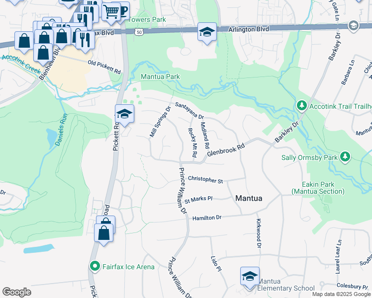 map of restaurants, bars, coffee shops, grocery stores, and more near 3323 Prince William Drive in Fairfax