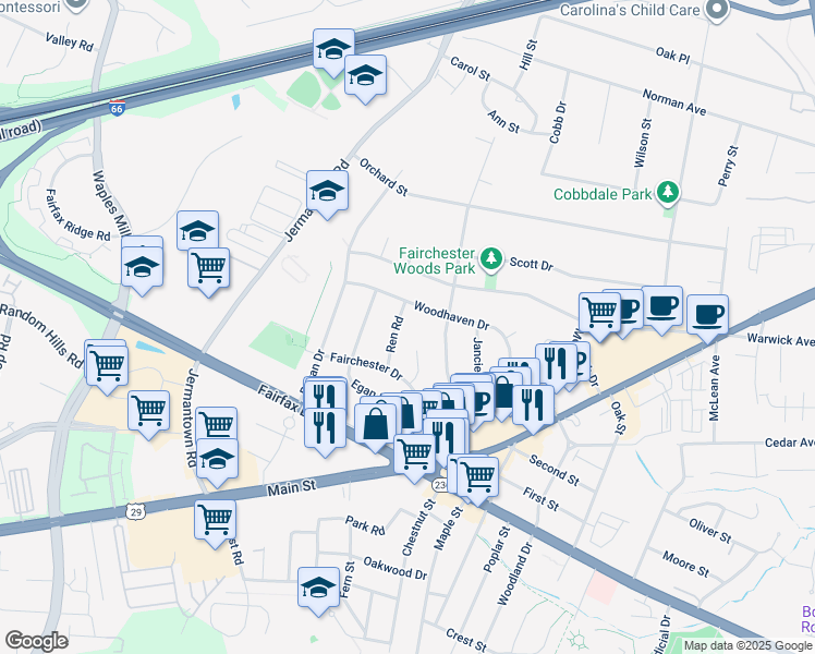 map of restaurants, bars, coffee shops, grocery stores, and more near 3813 Ren Road in Fairfax