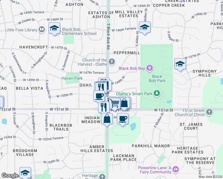 map of restaurants, bars, coffee shops, grocery stores, and more near 15017 West 149th Street in Olathe