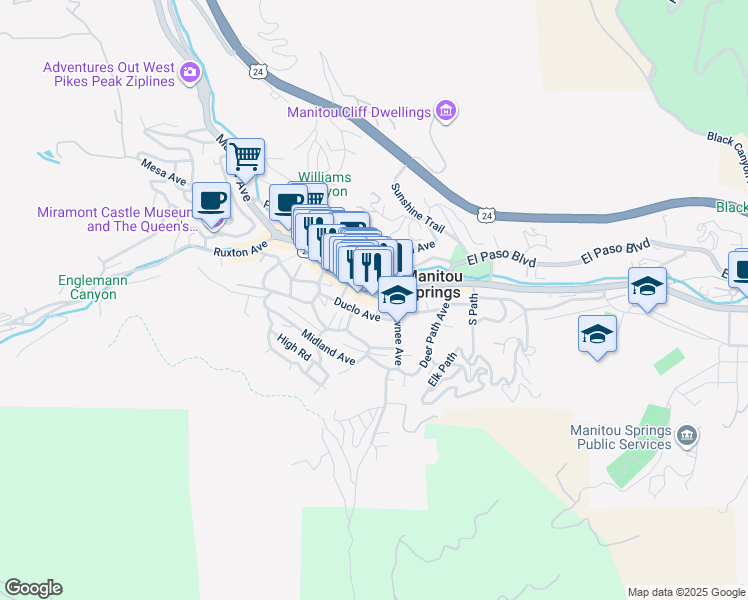 map of restaurants, bars, coffee shops, grocery stores, and more near 717 Manitou Avenue in Manitou Springs