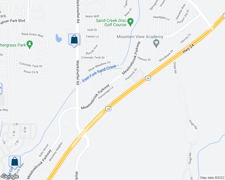 map of restaurants, bars, coffee shops, grocery stores, and more near 8067 Parsonage Ln in Colorado Springs