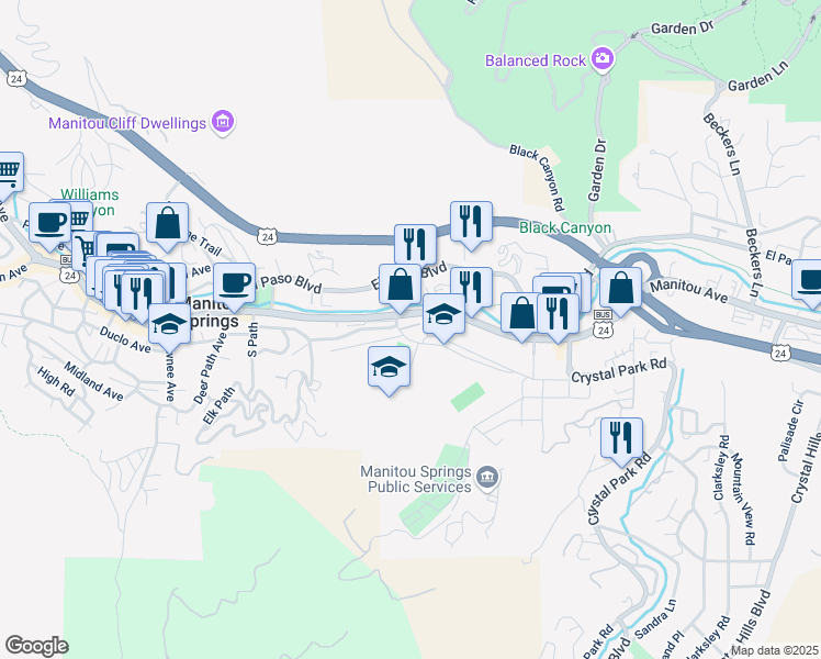 map of restaurants, bars, coffee shops, grocery stores, and more near 401 El Monte Place in Manitou Springs