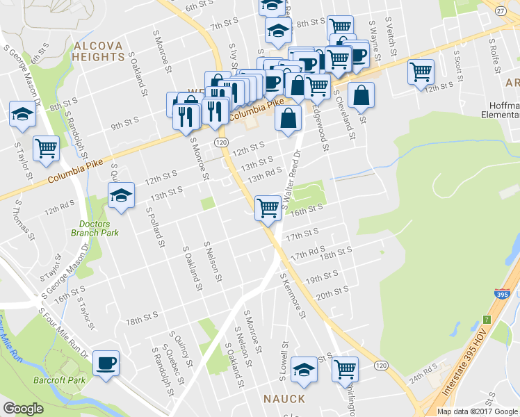map of restaurants, bars, coffee shops, grocery stores, and more near 1419 South Glebe Road in Arlington