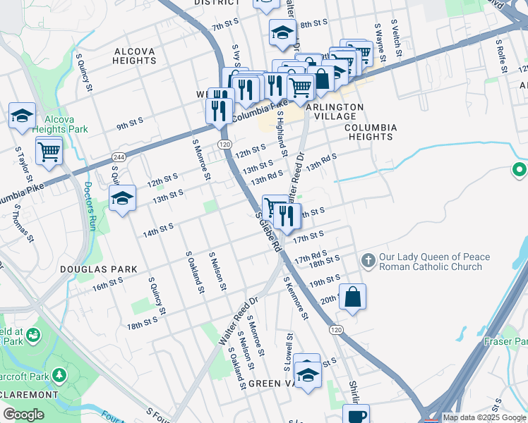 map of restaurants, bars, coffee shops, grocery stores, and more near 1419 South Glebe Road in Arlington